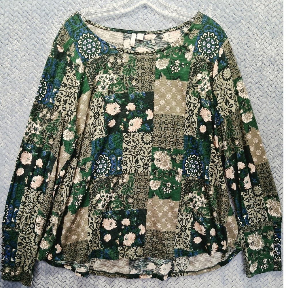 Cato Womens Green Patchwork Floral Long Sleeve Top Plus Size 18/20W Boho Hippie